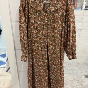 Doen Brown Floral Long-Sleeve Midi Dress